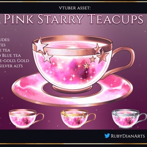 May include: Pink teacups with a galaxy design and gold stars. The teacups come in three colors: pink, gold, and silver. The teacups are on a pink saucer with a galaxy design.