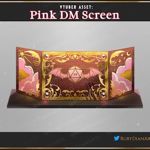 May include: A pink DM screen with a wooden appearance, featuring gold accents and pink cloud designs. The center panel displays a pink die with the number 20. The screen is designed for tabletop role-playing games.