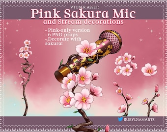 PINK Sakura Mic and Stream Decorations | vtuber assets | props for streaming | Cherry Blossom microphone - digital download