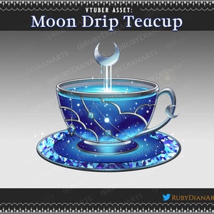 May include: A blue teacup and saucer set with a celestial theme. The teacup features a crescent moon handle and a design of stars and clouds. The saucer has a gem-like pattern. The text "Moon Drip Teacup" is displayed at the top.