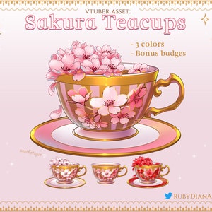 Sakura Teacups Vtuber Asset | cherry blossoms and cute stream decorations | includes bonus twitch badges and emotes