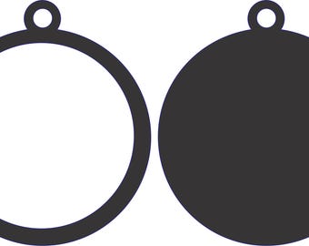 Puede incluir: Dos colgantes circulares de color gris oscuro con un pequeño lazo en la parte superior para colgar. Un colgante es un círculo sólido, el otro es un contorno de círculo, ambos sobre un fondo blanco. Adecuados para la fabricación de joyas.