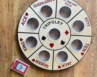 Tripoley  wooden board game on a lazy Susan, tripoley wooden board game, card game, family game night