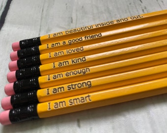 Pencils, affirmation pencils, positive words, motivational pencils, positive sayings, laser engraved!