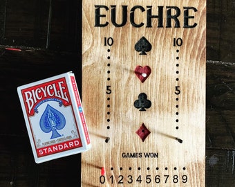 Euchre Scoreboard with cards and pegs