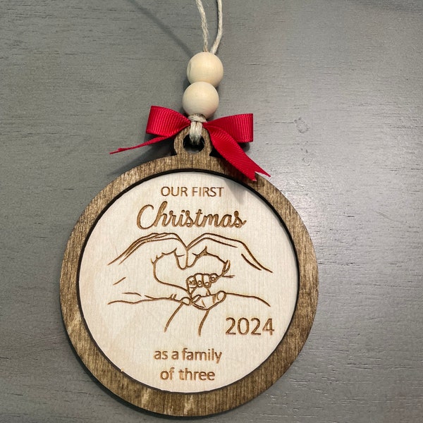Our first Christmas as a family of three, christmas ornament, family of three, laser engraved ornament