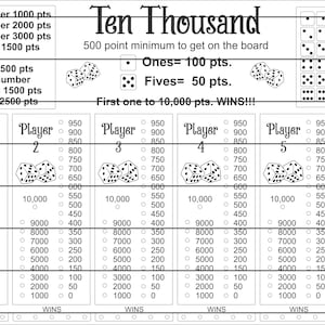 Puede incluir: Un tablero de juego en blanco y negro para el juego de dados "Ten Thousand". El tablero incluye reglas de puntuación, combinaciones de dados y un rastreador de puntuación del jugador. El texto "First one to 10,000 pts. WINS!!!" también es visible.