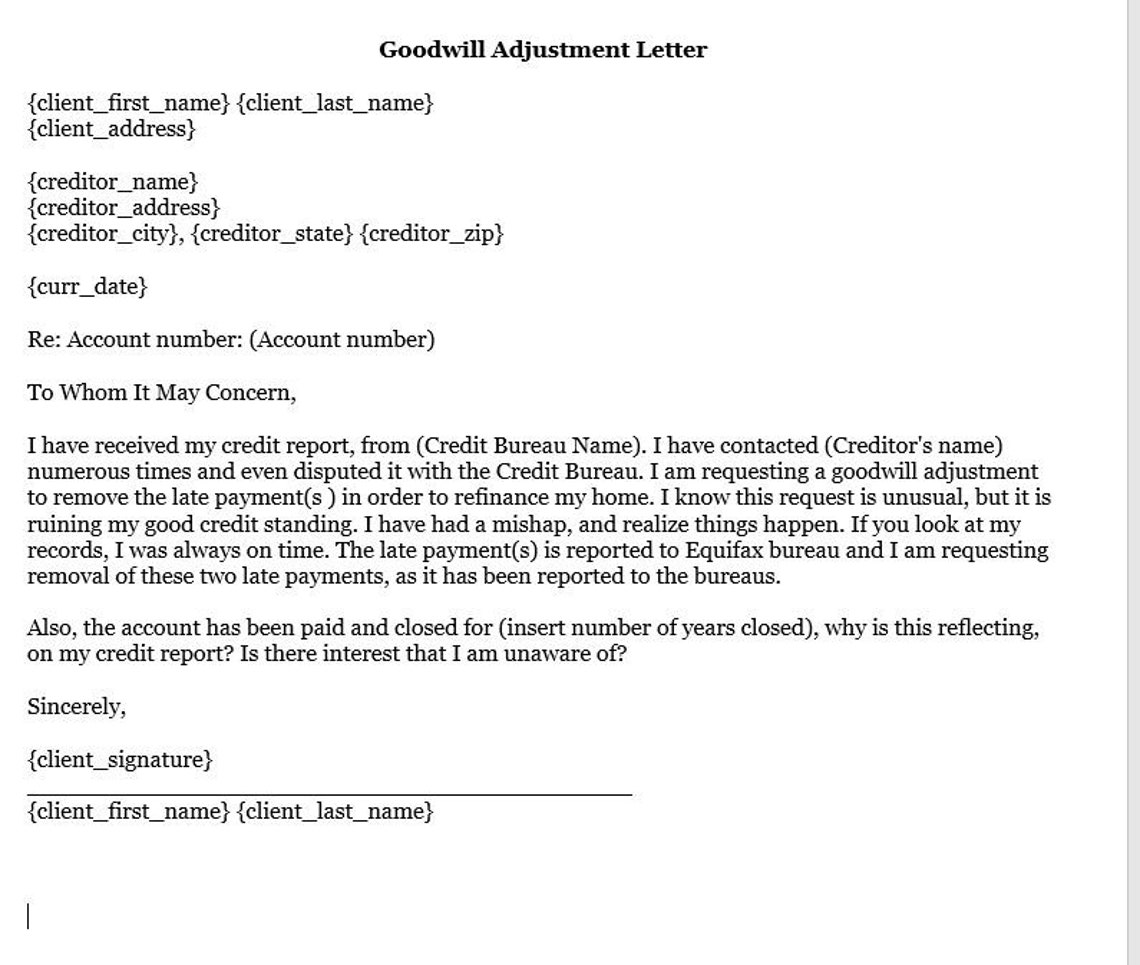 GOODWILL LETTER, EDITABLE Letter, Digital Late Payment or Anything ...