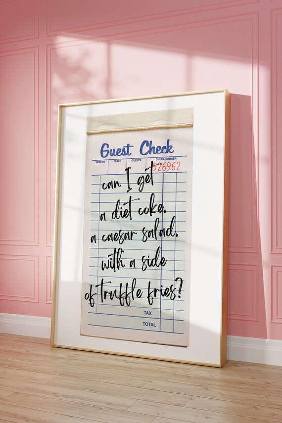Guest Check Art Print, Trendy Art, Gallery Wall Art Prints, Gifts For Her, Girl Dinner, Girly Art, Diet Coke gift, Gifts for Best Friend