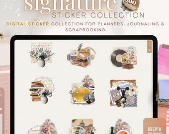May include: A digital sticker collection for planners, journaling, and scrapbooking. The image shows a tablet displaying various sticker designs, including floral arrangements, vintage items, and food illustrations. The text on the image says "The Signature Sticker Collection".