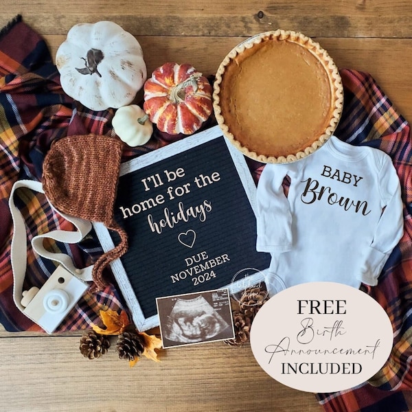 Fall Thanksgiving Pregnancy Announcement, Gender Neutral, Digital Baby Announcement, Editable Template, Pregnancy Reveal, November baby, Pie