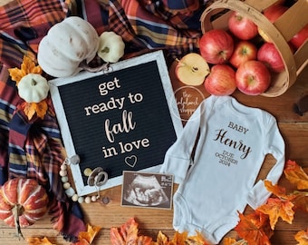 Fall Pregnancy Announcement Digital, Gender Neutral November Baby Announcement, Reveal, Autumn Pumpkin Apples, Get ready to fall in love