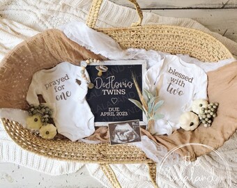 Fall Twin Pregnancy Announcement, We prayed for one blessed with two, Gender Neutral, Editable Digital Twin Baby Announcement, Sonogram