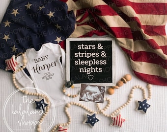 Labor Day Pregnancy Announcement, Patriotic Digital Baby Announcement, stars and stripes and sleepless nights, Gender Neutral American