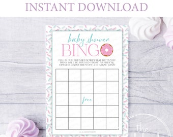 Baby Shower Bingo Digitale DOWNLOAD IMMEDIATO Gioco di Bingo Scheda stampabile Baby Shower Gioco da tavolo Genere neutro Spruzza Ciambelle rosa blu
