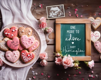 Op de afbeelding: Een krijtbord met de tekst "One more to adore Baby Harrington" omringd door roze rozen, hartvormige koekjes en een echobeeld.