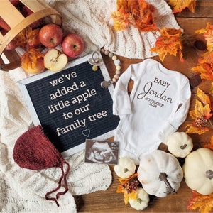 Fall Baby Announcement digital, We&#39;ve added a little apple to family tree, Gender Neutral, Editable Pregnancy Announcement, Sonogram, Apples