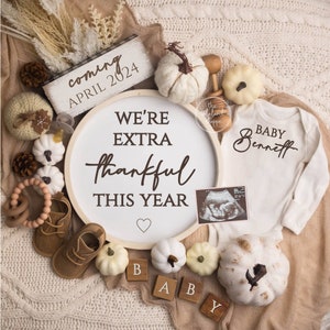 Fall Baby Announcement, Thanksgiving Pregnancy Announcement Extra Thankful Gender Neutral Digital Instant Editable Template Social Boy Girl