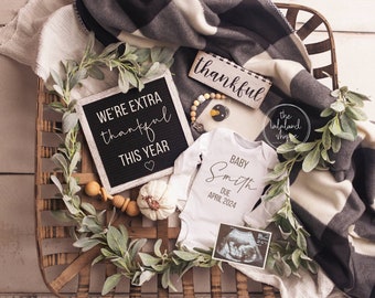 Thanksgiving Baby Announcement, Digital Fall Pregnancy Announcement, Gender Neutral, Instant Editable Template, Extra Thankful This Year 1st