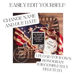 May include: A digital pregnancy announcement with a red, white, and blue American flag backdrop. The announcement features a black chalkboard with the text "we thought we were through but God gave us you". A white onesie with the text "BABY Werner DUE JANUARY 2023" is also included. The image includes a wooden bead garland with stars and a wooden rattle.