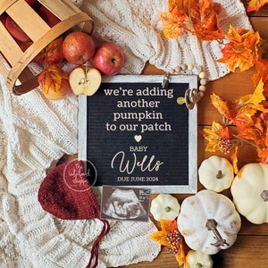 Anuncio de embarazo de otoño Anuncio digital de bebé de otoño Género neutro Bebé Niño Niña Redes sociales Revelar plantilla editable Parche de calabaza