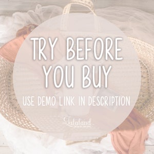 May include: A white circle with the text "TRY BEFORE YOU BUY" and "USE DEMO LINK IN DESCRIPTION" on a light brown wicker basket with a white fabric background. The text "The Talalands Design Shoppe" is also visible in the image.