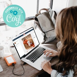 May include: A woman uses a laptop computer to design a graphic on a website. The laptop screen shows a design with a baby onesie and the text "Personalized with Corjl".