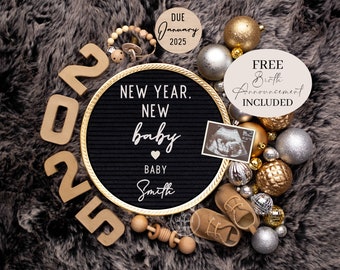May include: A black letter board with the text "NEW YEAR. NEW baby BABY Smith" surrounded by gold and silver ornaments, a wooden baby rattle, and a pair of brown baby shoes. The letter board is on a gray faux fur background. A small ultrasound image is attached to the letter board. A sign reads "DUE January 2025". Another sign reads "FREE Birth Announcement INCLUDED".