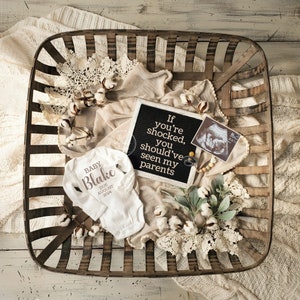 May include: A white baby onesie with the text "Baby Blake Due August 2024" in brown lettering. A black letter board with the text "If you're shocked, you should've seen my parents" is in the background. The onesie and letter board are surrounded by cotton balls, greenery, and a lace doily.