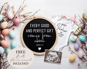 May include: A white babygrow with the text "Baby Parker Due October 2024" on it. A round chalkboard sign with a wooden frame reads "Every good and perfect gift comes from above James 1:17". A black and white ultrasound image is next to the sign. A white background with pastel coloured Easter eggs and branches with white blossoms.