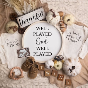 Funny Twin Pregnancy Announcement, Unexpected Twin Babies Fall Baby Announcement, Gender Neutral Thanksgiving Editable Template Social Media
