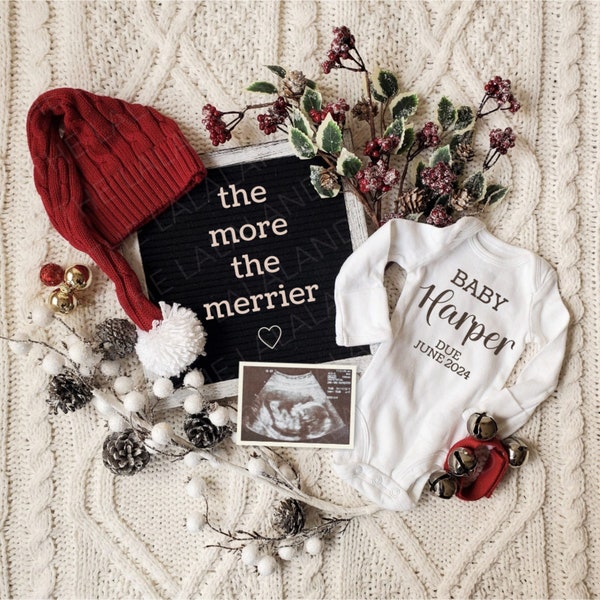 Christmas Pregnancy Announcement, The more the merrier, Editable Digital Gender Neutral Baby Announcement, third fourth fifth last, Xmas