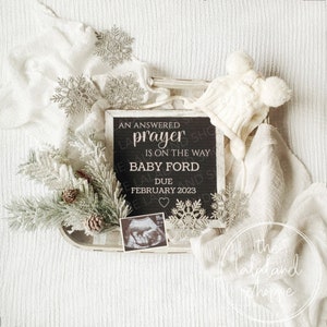 Winter Pregnancy Announcement, Answered Prayer on the way, Gender Neutral, Editable Digital Baby Announcement, Baby Announcement, Religious