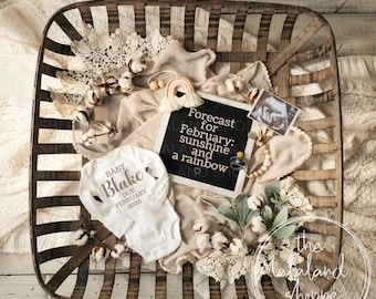 May include: A white onesie with the text "BABY Blake DUE FEBRUARY 2023" in pink lettering, a black letter board with the text "Forecast for February: sunshine and a rainbow", a wooden basket filled with cotton balls, a small wooden rainbow, a wooden bead necklace, and a sonogram photo.