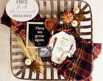 Fall Baby Announcement Here we grow again Gender Neutral Pregnancy Announcement Digital Autumn Pumpkin Custom Editable Template 3rd baby 4th