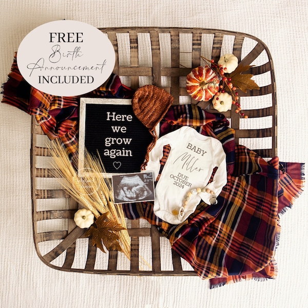 Anuncio de bebé de otoño Aquí volvemos a crecer Anuncio de embarazo neutral de género Calabaza de otoño digital Plantilla editable personalizada 3er bebé 4to