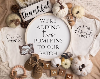 Twin Pregnancy Announcement Digital Pumpkin Twins Babies Fall Baby Announcement Gender Neutral Thanksgiving Editable Template Social Media