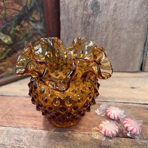 Fenton Glass Amber Gold Double Crimped Ruffled Hobnail Rose Bowl, 4-1/2&quot; Tall