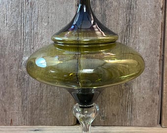 1960's MCM 12" Tall Hand-Blown Olive Green Italian Empoli Glass Apothecary Jar; Circus Tent Jar