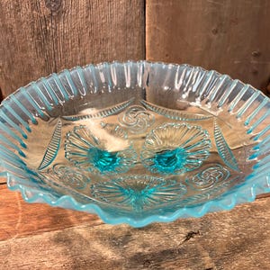 1900&#39;s Jefferson Glass Company Blue Opalescent 3-Footed Glass Bowl known as the &quot;Ruffles & Rings&quot;