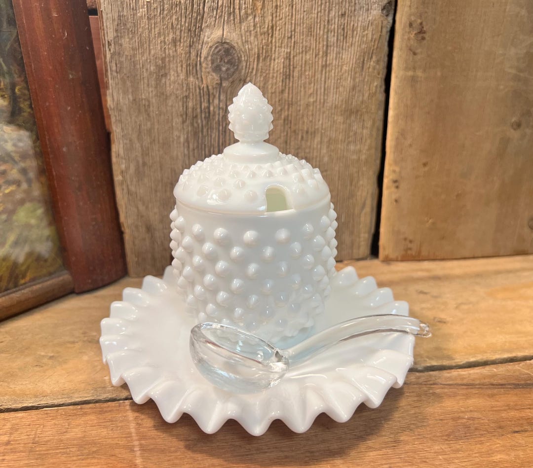 Fenton Milk Glass Hobnail Lidded Condiment Jar With Plate & Spoon - Etsy
