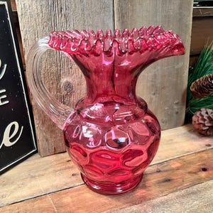 Victorian Era 10&quot; Fenton Cranberry Coint Dot Thumbprint Ruffled Top Glass Pitcher