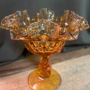Fenton Thumbprint Ruffled Amber Compote