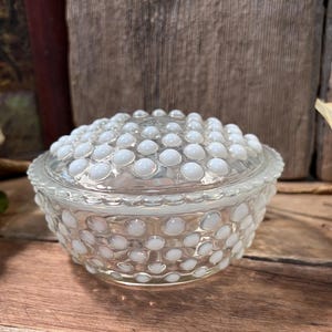 Vintage French Opalescent Hobnail Round Lidded Powder Dish; Moonstine Opalescent