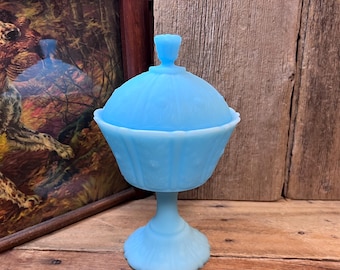 1970's Fenton Blue Satin Lidded 8-1/2" Tall Compote Candy Jar in the Panel Daisy Pattern