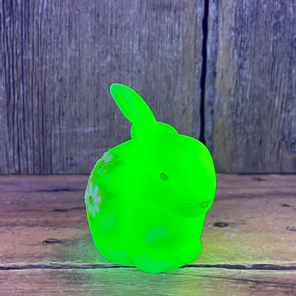 1970's Fenton "Daisies on Custard" Satin Uranium Glass Bunny; Artist Signed A.J. Knopp; UV Reactive