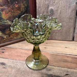 Fenton Avocado Green Ruffled Thumbprint Compote Candy Dish; 6&quot; Tall