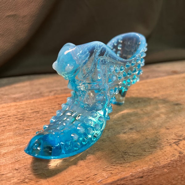 Fenton Turquoise Aqua Blue Opalescent Hobnail Cat Slipper / Shoe