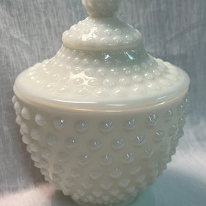 Fenton Hobnail Opalescent Milk Glass Footed Covered Compote, Candy Dish