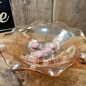 1950&#39;s Jeanette Glass Company Marigold Glass Floragold Ruffled 10&quot; Bowl, Gold Iridescent Carnival Glass Serving Dish